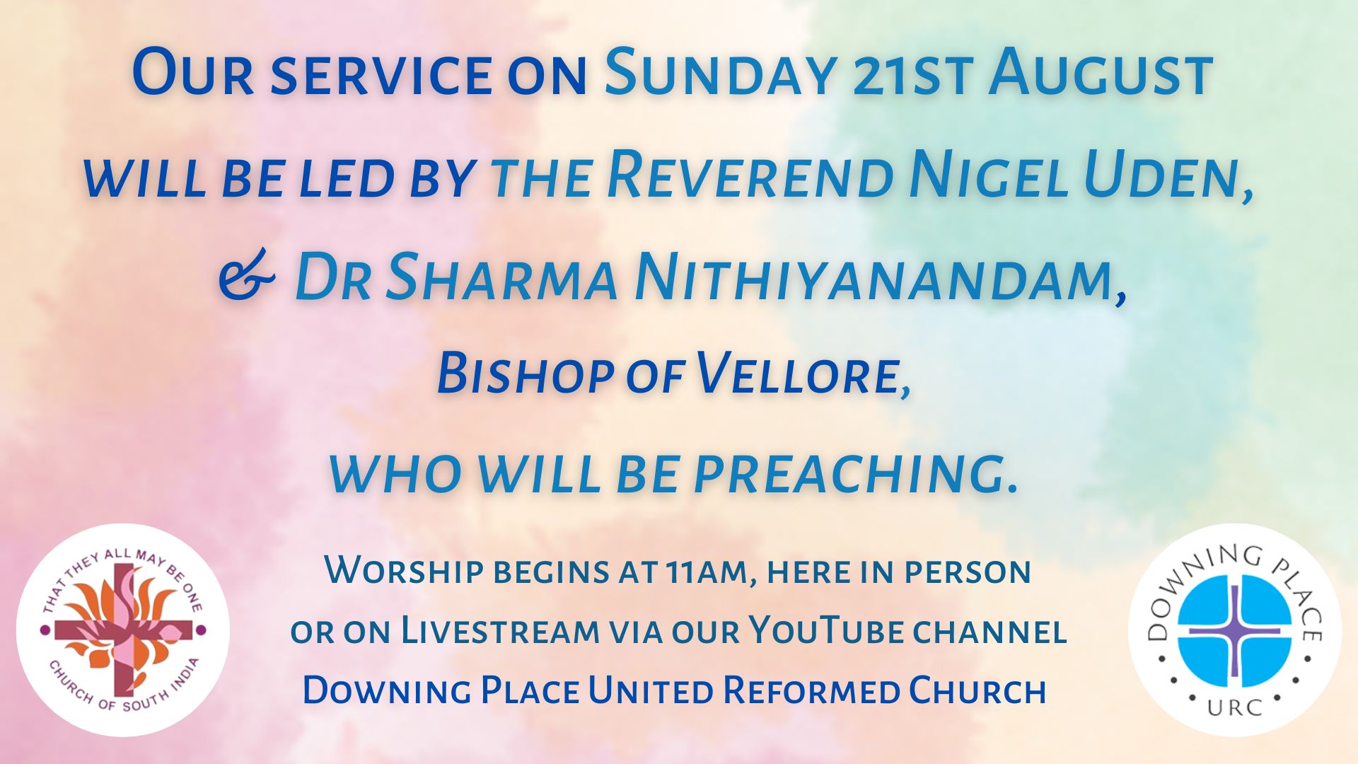 Our service on Sunday 21st August will be led by Rev'd Nigel Uden, & Dr Sharma Nithiyanandam, Bishop of Vellore, who will be preaching